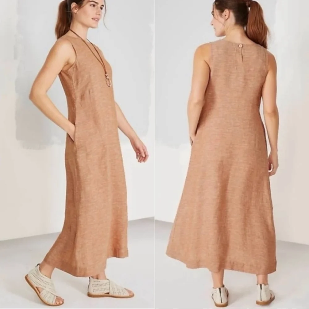 Pure Jill 100% Linen A Line Maxi Dress  Sable Sleeveless Pockets‎ Lagenlook XL - Picture 2 of 15